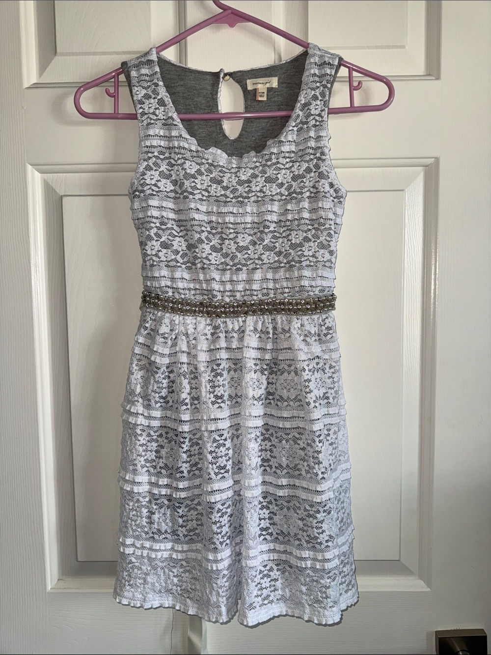 NWOT Monteau Girl Sleeveless White Lace Dress with Pearl Beaded Waist